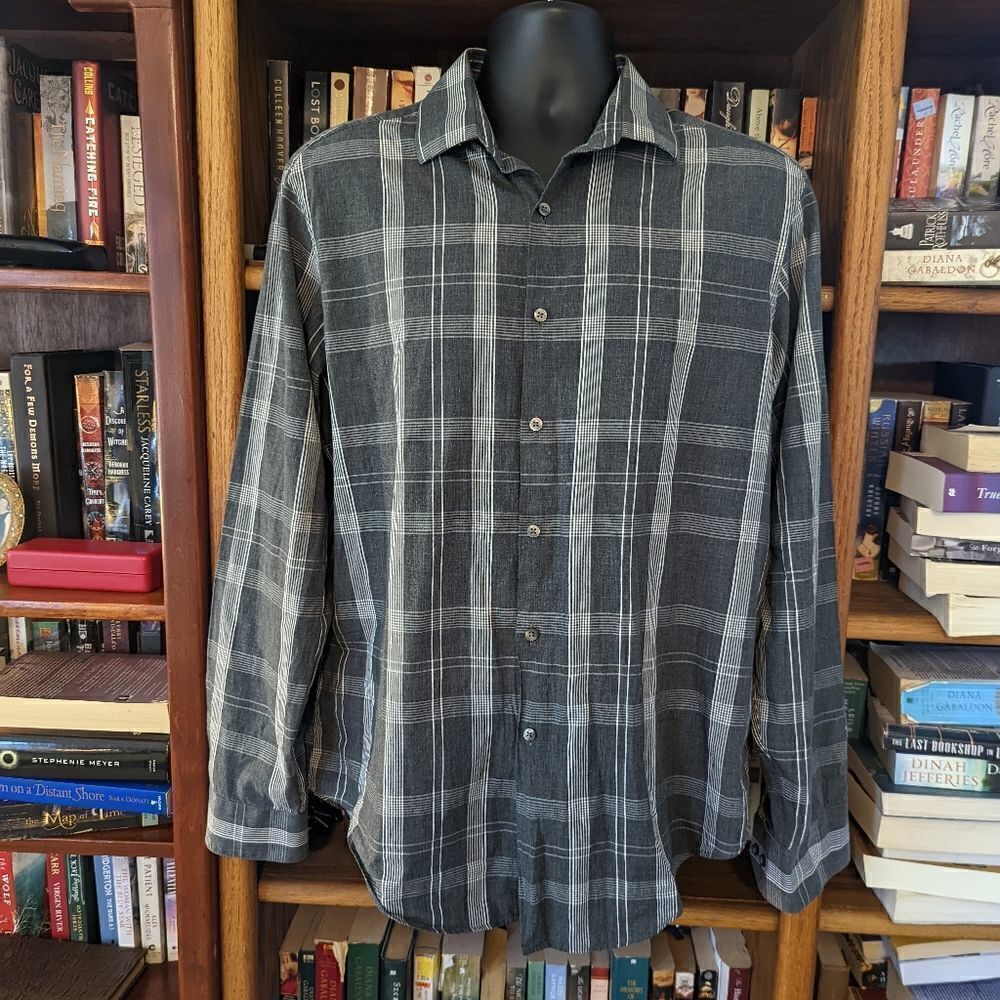 DKNY slim fit grey plaid button down 16.5/34/35